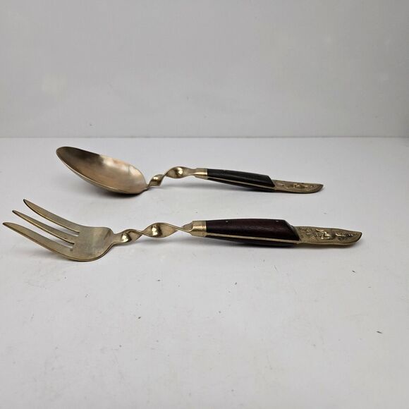Vintage Large Serving Fork & Spoon Buddha Bronze Brass Rosewood Siam Thailand 10 - Picture 5 of 11
